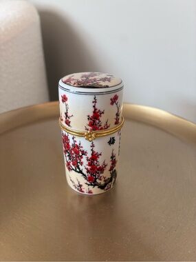 Porcelain Floral Trinket Box in Cream and Red with Gold Accent